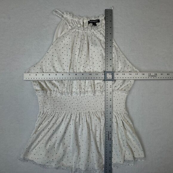 Express Top Sz M NWT Ivory Polka Dots Halter  Smocked Sleeveless Peplum Lined - Picture 4 of 8